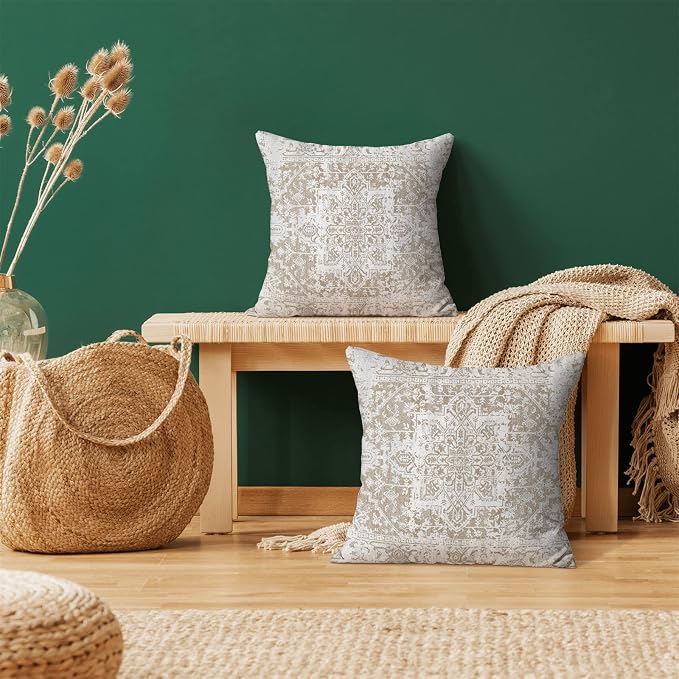 AEIOAE Boho Pillow Covers 16x16 Inch Set of 2,Carpet Pattern Throw Pillows Case,Brown Beige White Ethnic Design Outdoor Decorative Square Linen Farmhouse Decor Cushion Covers for Home Sofa Bed Couch