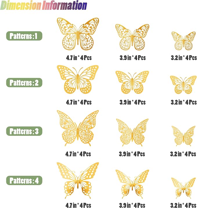 SAOROPEB 3D Butterfly Wall Decor 48 Pcs Gold Butterfly Birthday Decorations | 4 Styles 3 Sizes, for Butterfly Birthday Decorations Butterfly Party Decorations Cake Decorations, Removable Stickers