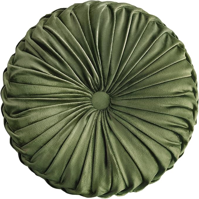 Teieas Round Throw Pillow Velvet Home Decoration Pleated Round Pillow Olive | Round velvet decor throw pillow,soft boho circle pillow cushion,for couch,chair,bed,car,sofa,home decorative