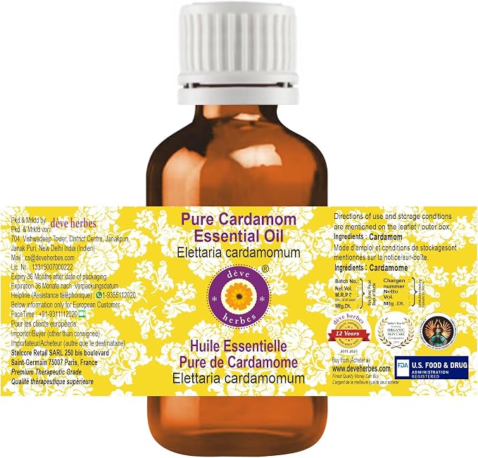 dève herbes Cardamom Essential Oil (Elettaria cardamomum) Pure | Non-Sticky | Non-Greasy | Lightweight | Men & Women | All Skin Types | Steam Distilled 5ml (0.16 oz)