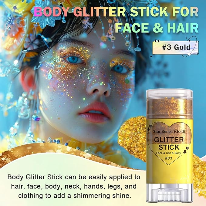 Gold Body Glitter Stick, Face Body Glitter Gel Holographic Hair Glitter Halloween Chunky Sequin Waterproof Face Paint Stick Glitter Makeup for Kids and Women