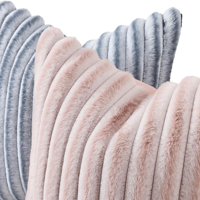 decorUhome Fall Faux Fur Throw Pillow Covers 12x20 Set of 2 Pink White | Decorative Soft Cozy Striped Plush Modern Farmhouse Boho Couch Pillow Cases Velvet Back for Sofa Bed Living Room Home Decor