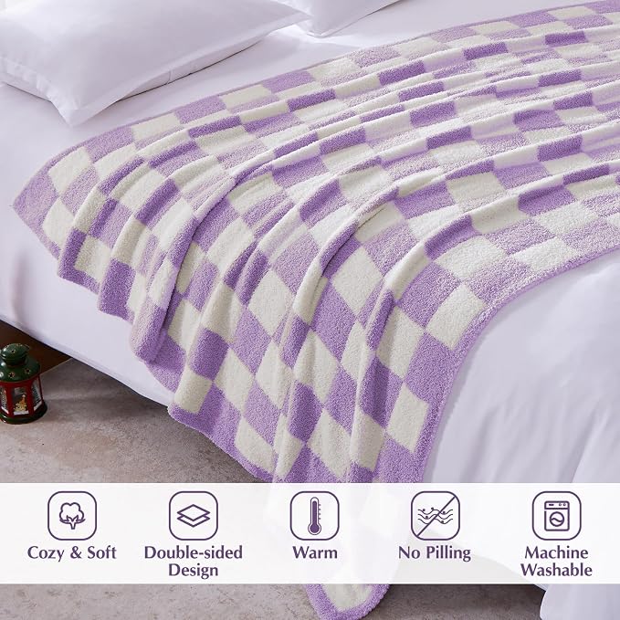 Soft Checkered Throw Blanket for Couch-Cozy Warm Knitted Blankets | Lightweight Warm Fluffy Decor for Women, Mom, Her & Girls, Sofa, Chair, Bed, 50x70in, Purple