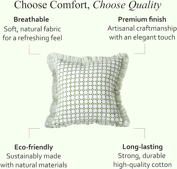 CPC Kelly Green Hand Block Print 100% Cotton Ruffle Throw Pillow Cover 20x20 inch with Hidden Zipper Decorative for Couch, Bed, Sofa, Farmhouse, Cottagecore Decor Gift Christmas Fall Thanksgiving