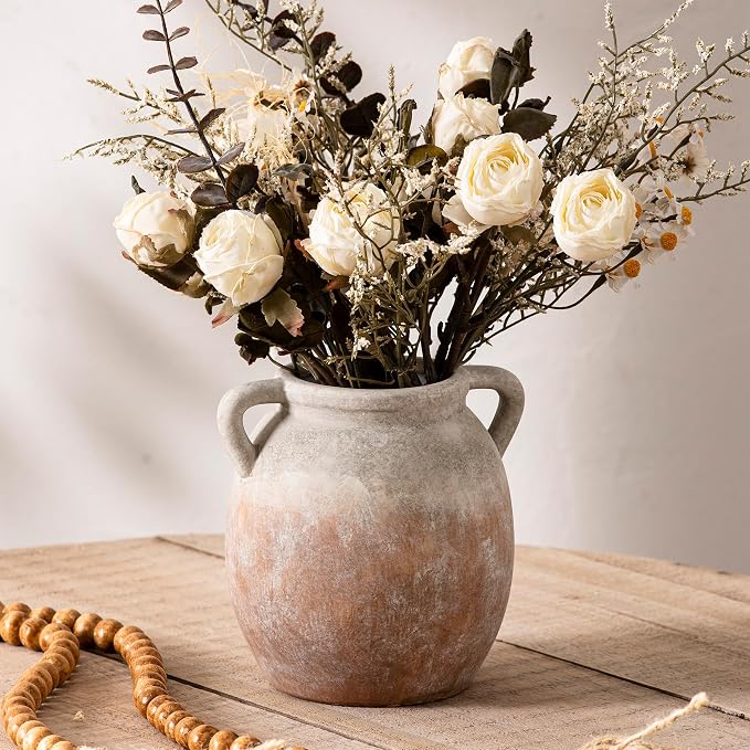 Dobbyby Ceramic Flower Small Vase 6 inch Farmhouse Rustic Vase Decorative Pottery Terracotta Vases for Home Decor Table Mantle Fireplace Living Room Bathroom Wedding Centerpiece