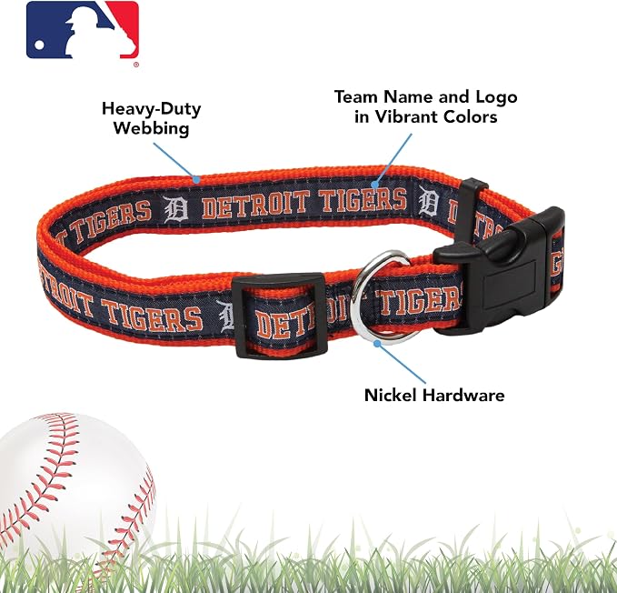 MLB Detroit Tigers Licensed PET COLLAR- Heavy-Duty, Strong, and Durable Dog Collar. Available in 29 Baseball Teams and 4 Sizes
