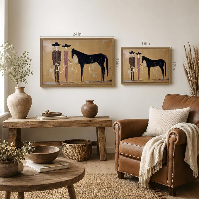 VziizV Vintage Western Cowboy Canvas Wall Art, Abstract Southwestern Cowgirl Artwork, American Ranch Farmhouse Decor, Minimalist Black Horse Canvas for Living Room Bedroom Wood Framed 12x16 Inch