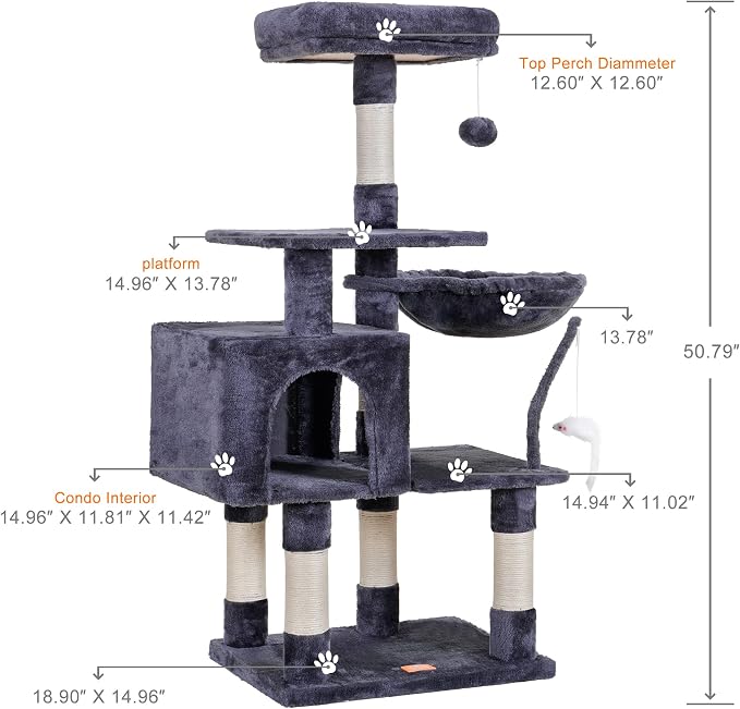 Heybly Cat Tree with Toy, 43.3 inch Cat Tower for Indoor Cats HCT004G | Cat Condo with Durable Sisal Scratching Posts, Cat House with Padded Plush Perch, Cozy Hammock, Smoky Gray