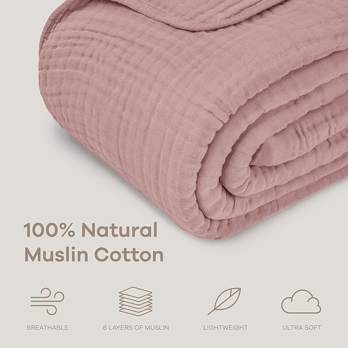 Comfy Cubs Adult Muslin Blanket 50x60” Throw Swaddle Blankets, Mauve | 6 Layer Soft, Breathable & Lightweight Muslin Adult Blanket - Machine Washable & Designed in the US Bedding for All Seasons