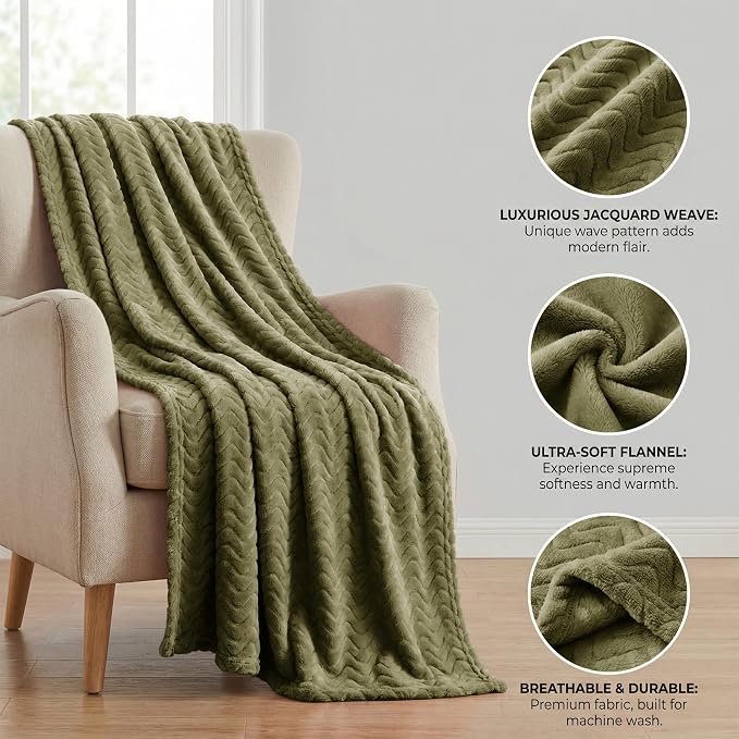 Exclusivo Mezcla Soft Fleece Blanket King Size for Bed, Sofa, Olive Green | 90"x104" Breathable Lightweight Flannel Blanket for Summer, Plush Cozy Jacquard Wave for Home Decor