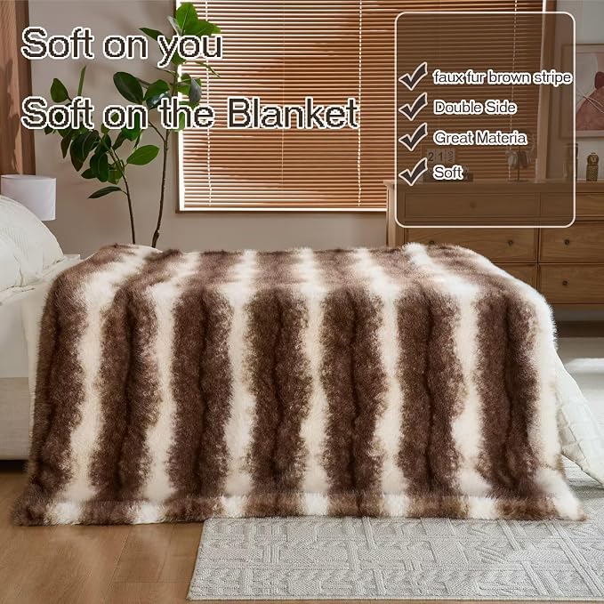 Luxury Fluffy Faux Fur Throw Blanket,Thick Fluffy Silky Fuzzy Cozy Blanket,Plush Blankets for Couch, Sofa, Chair, Bed-Faux Fur Brown Stripe 50 * 60inch