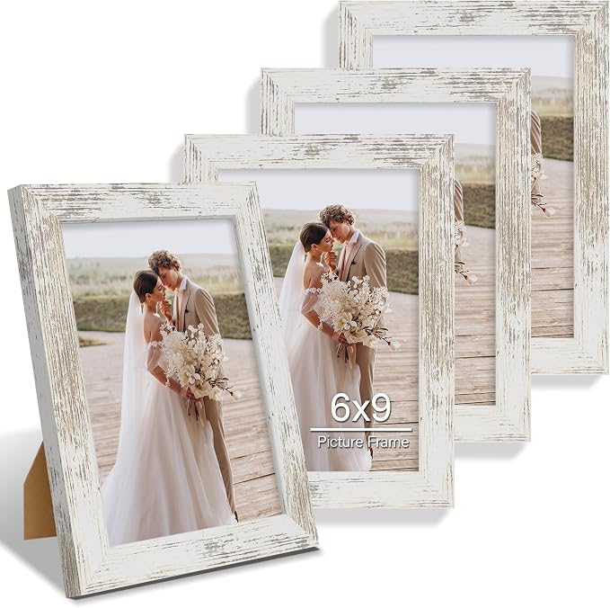 Hongkee 6x9 Picture Frame Set of 4, Made of Real Glass and Distressed White Wooden Frame - 6 by 9 Photo for Wall or Tabletop Display