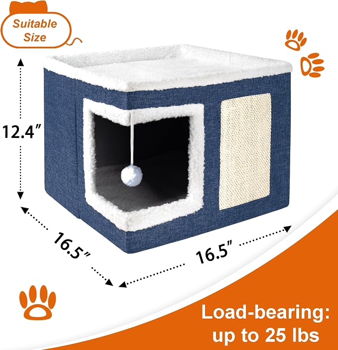 Loyareal Cat Houses for Indoor Cats - Large Cat Bed Cave with Scratch Pad and Fluffy Ball, Foldable Cat Condo Hideaway with Reversible Cushion for Multi Small Pet, Navy Blue
