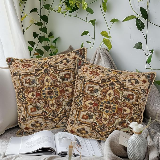 KSLIDS Boho Brown Soft Velvet Throw Pillow Covers Set of 2 Vintage Bohemian Rug Carpet Decorative Pillow Covers 20x20 Inch Antique Ethnic Pillow Case for Sofa Couch Living Room Home Decor