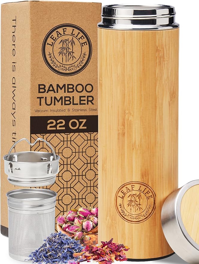LeafLife Premium Bamboo 22oz Tea Bottle – Infuser Bottle – Insulated Coffee & Beverage Tumbler – Gift Set & Accessories