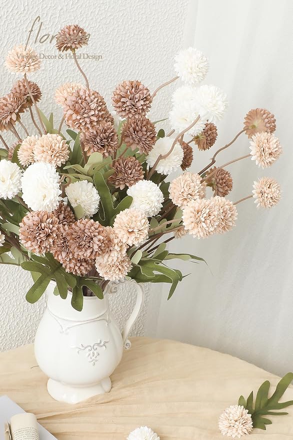 9pcs Taupe Beige Mix Faux Silk Mums Artificial Flowers, Bulk Fake Small Mini Chrysanthemums with Stems for DIY Wedding Centerpieces Floral Arrangements Vase Fillers Home Decorations