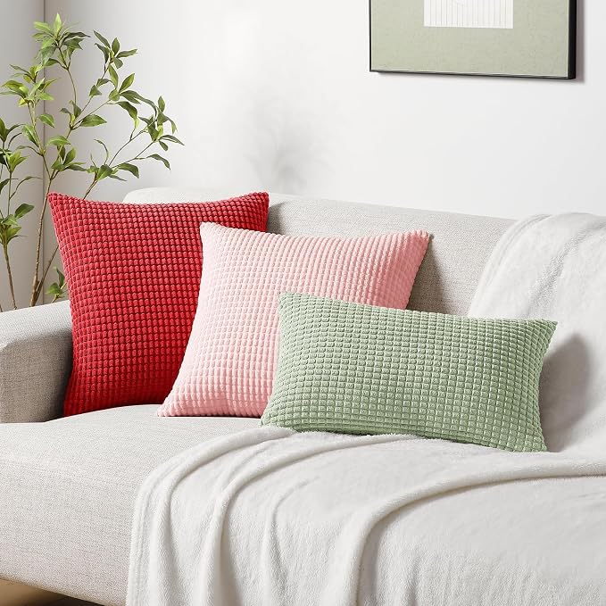 Softalker Corduroy Decorative Throw Pillow Covers 18x18, Set of 2, Red | Soft Boho Striped Pillow Cases, Couch Fluffy Cushion Covers for Farmhouse Home Decor Bed Living Room