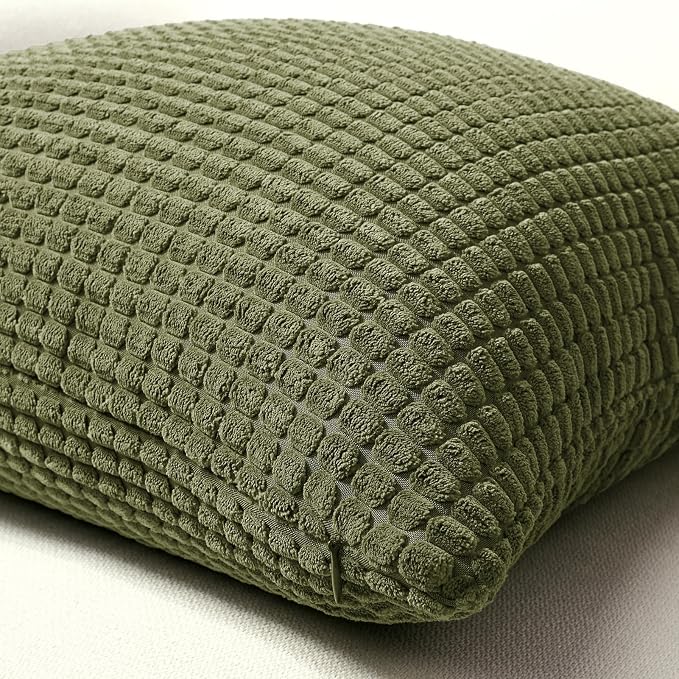 Softalker 2 Pack Corduroy Decorative Throw Pillow Covers 18x18, Olive Green | Soft Boho Striped Pillow Cases, Couch Fluffy Cushion Covers for Farmhouse Home Decor Bed Living Room