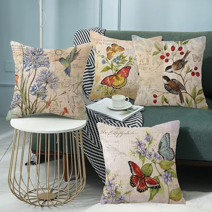 wyooxoo Farmhouse Pillow Covers 16x16 Set of 4 Spring Summer Throw Pillow Covers Linen Flower Butterfly Bird Decorative Pillowcases for Sofa Couch Living Room Outdoor