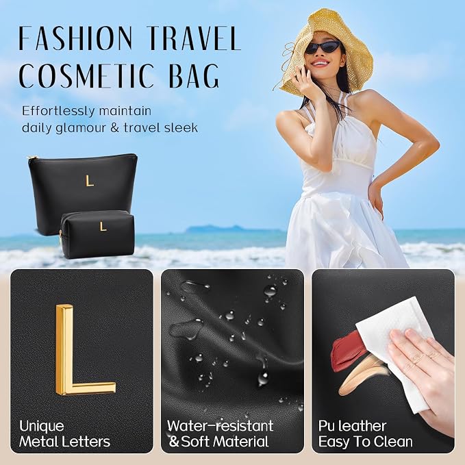 Women Gifts | Initial Makeup Bag for Girl Personalized Gifts for Bridesmaid Friend PU Leather Cosmetic Travel Toiletry Bag(Black,L)