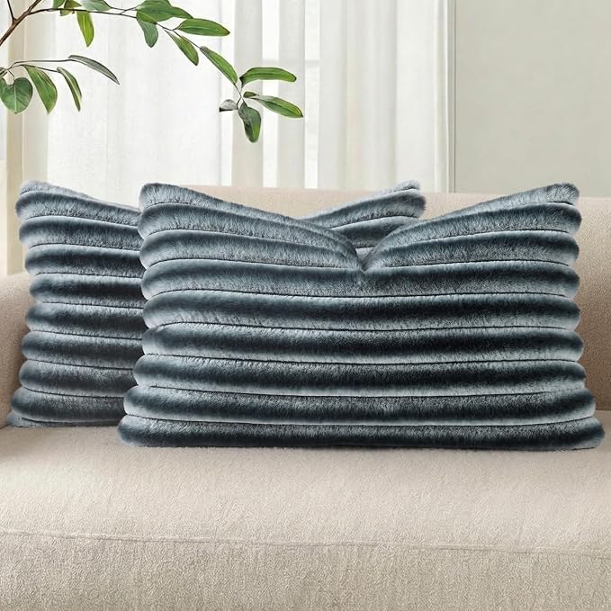 Pallene Faux Fur Decorative Throw Pillow Covers 12x20 Set of 2, Ombre Blue | Luxury Plush Texture, Striped Design, Cozy Soft Touch, Modern Home Accent Decor for Couch, Sofa, Bed, Living Room