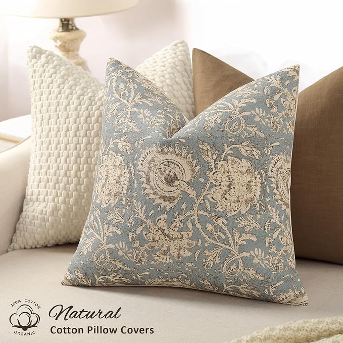 Vintage Floral Print Throw Pillow Covers 26x26 Set of 2 Neutral Modern Farmhouse Pillowcases Accent Decorative Cushion Covers Boho Home Decor for Couch Sofa Chair Bed Living Room, Sky Blue