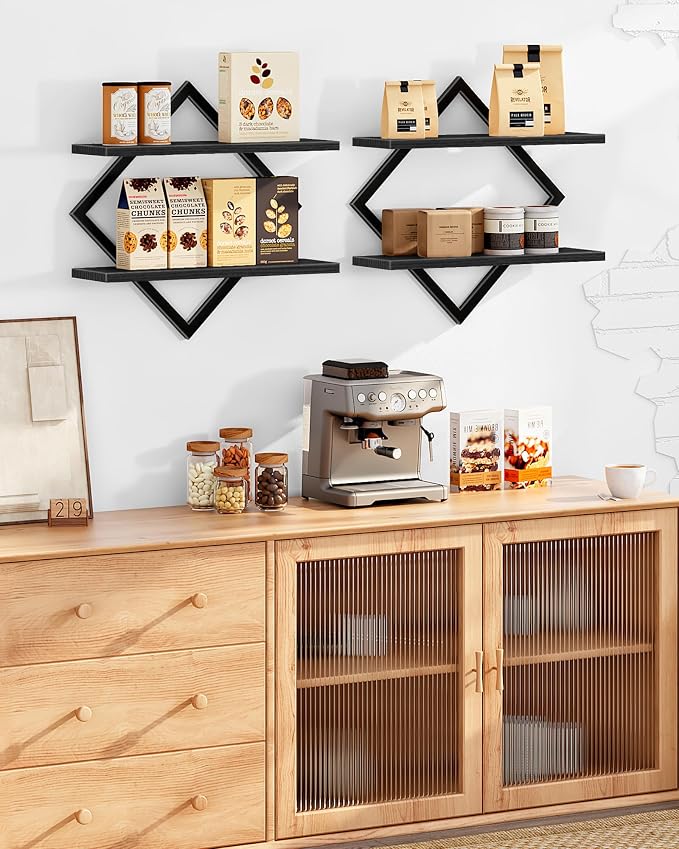 Floating Shelves, Set of 2 Wall Shelves, 2-Tier Hanging Shelves, Wall Shelf Set of 2, Wall Mounted Shelves, for Living Room, Bedroom, Kitchen, Office, Study, Black TBJ01P2BB