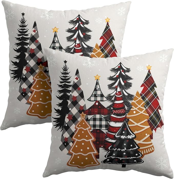 Kawani Christmas Tree Throw Pillow Covers 20x20 Inches, 2 PCS Buffalo Plaid Xmas Pine Trees Gingerbread Cotton Linen Decorative Square Pillowcase for Sofa Couch Home Outdoor Decor