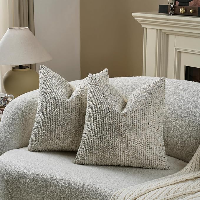 26x26 Cream Grey Euro Sham Pillow Cover Striped Textured Boucle Chic Morden Boho Accent Farmhouse Square Decorative Couch Throw Pillow Cover for Home Decor Bed Sofa Living Room