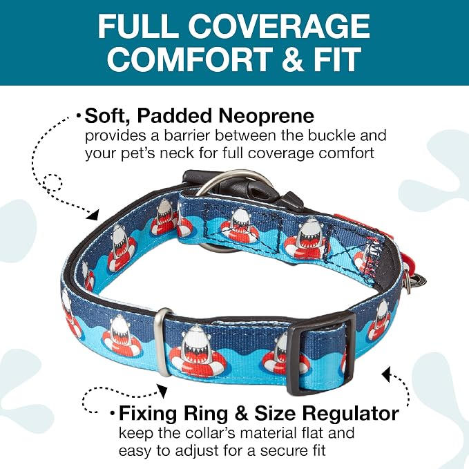 Max & Molly Urban Pets Smart ID Dog Collar - Soft Neoprene, Waterproof, Machine Washable, Power Buckle, Gotcha! QR Tag & Custom App Profile, Sharks, Medium