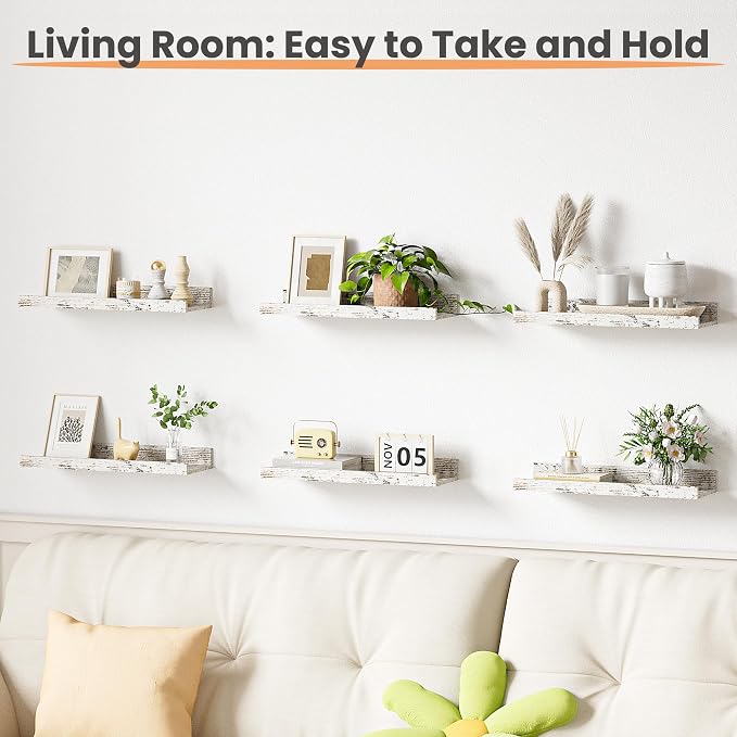 upsimples Floating Shelves for Wall Decor Storage Rustic White,6Pcs 15.7'' | Wall Mounted Wood Shelves for Living Room, Bedroom, Bathroom, Kitchen, Office, Laundry Room Display and Organize