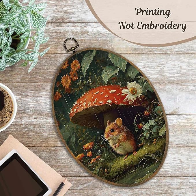 LKETW Vintage Whimsical Rat Mushroom Oval Wall Art Decor, Dark Cottagecore Oval Canvas Hanging Decor, Moody Botanical Rat Mushroom Wall Decorations for Home Room Living Room, 8.6x11.4 Inch