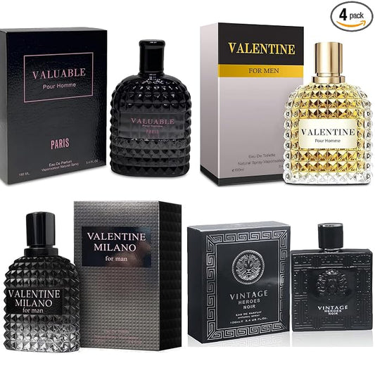 A CENTER Men's Cologne Gift Set Include Valentine Milano,Valentine,Vintage Heroes Noir & Valuable Paris - 3.4 Fl Oz Each | Vanilla Bourbon, Leather & Amber Floral Fragrance Eau de Toilette Perfume