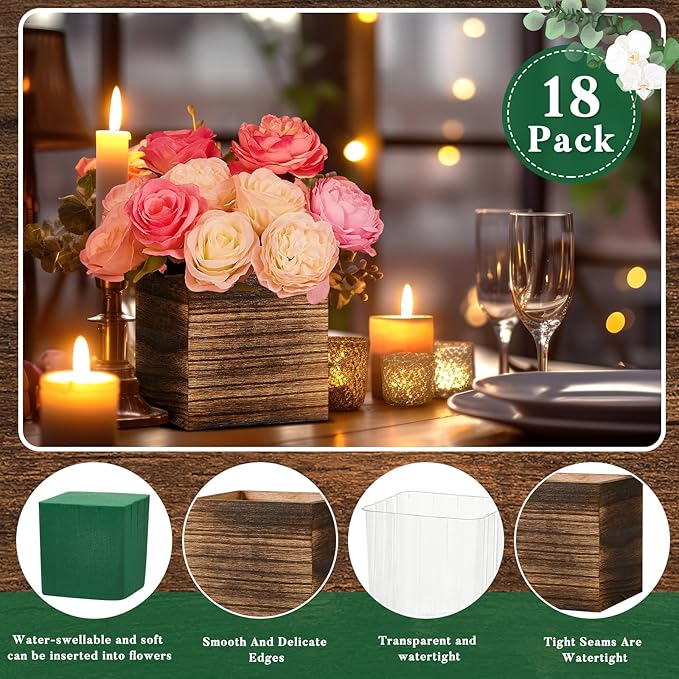 18 Set Wood Cube Planter Box Square Wood Vase Rustic Cube Planter Box with Removable Plastic Liner Floral Foam Blocks for Centerpieces Home Wedding Garden Decor, Country Style (Brown)
