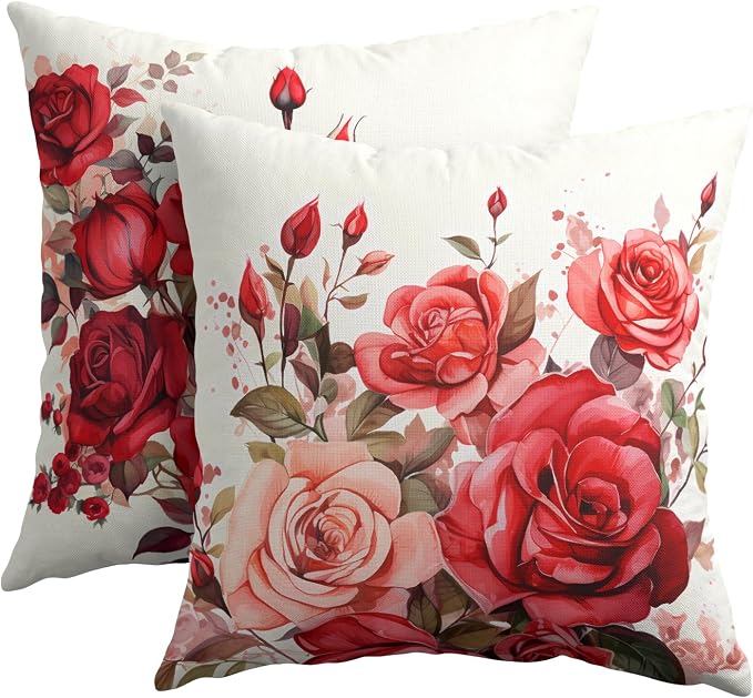 Kawani Watercolor Flower Throw Pillow Covers 16x16 Inch Set of 2 Pink Red Rose Floral Romantic Square Pillowcase Cotton Linen Cushion Case for Couch Sofa Bedroom Living Room Decor