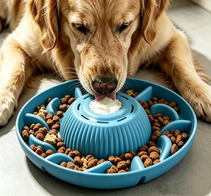 Slow Feeder Dog Bowls 2 in 1 Liquid Treat Dog Lick Bowl and Dog Bowls – 5‑Cup Large Capacity, Liquid and Solid Food Treat Dispenser for Slowing Down Eating for Large Medium Small Dogs and Cats (Blue)