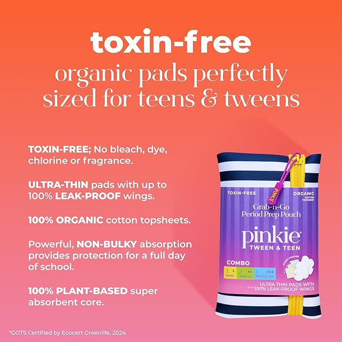 Pinkie First Period Prep Pouch w/ 4 Organic Cotton Pads for Teens & Tweens | First Period Travel Pouch with Mini, Small & Regular Ultra Thin Pads with Wings for Tweens & Teens; Fragrance & Chlorine Free