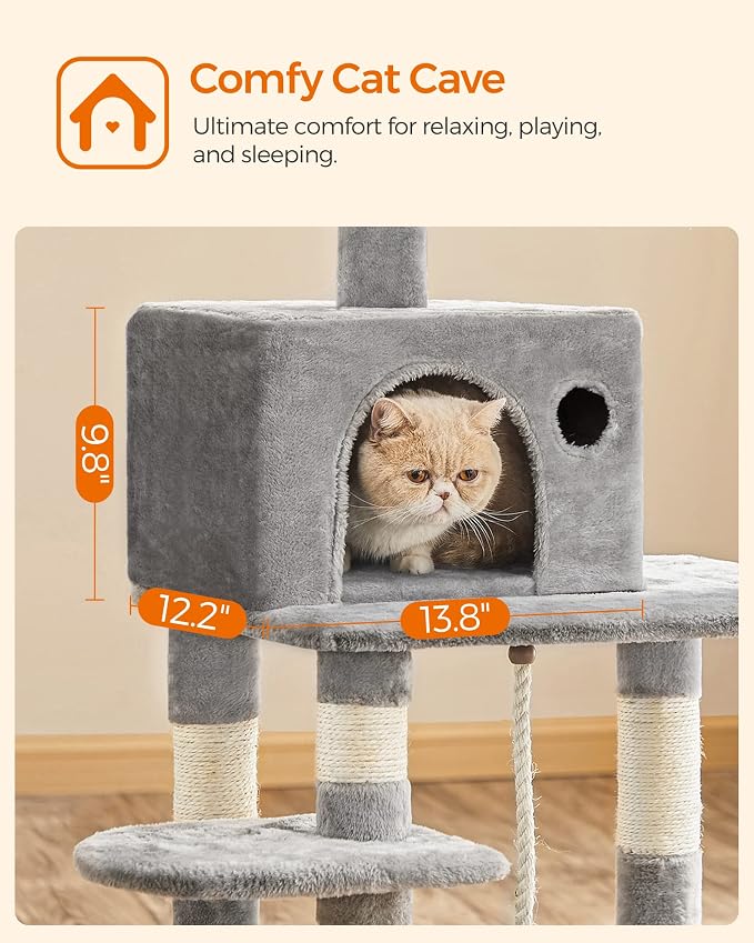 Feandrea Cat Tree, 55.8-Inch Cat Tower, Multi-Level Plush Condo with 11 Scratching Posts, 2 Perches, Hammock, Cave, Light Gray UPCT15W