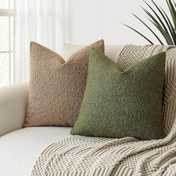 Foindtower Set of 2, Decorative Textured Boucle Throw Pillow Covers Accent Solid Pillow Cases Neutral Soft Cozy Couch Cushion Case for Chair Sofa Bedroom Living Room Home Decor 16 x 16 Inch Green
