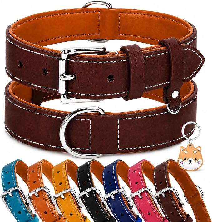 Genuine Leather Dog Collar, Soft Padded Leather Dog Collars with Airtag Holder Case for Small Medium Large X-Large Dogs,Comfort Heavy Duty Pet Collar with Durable Metal Buckle & D-Ring-Brown/L