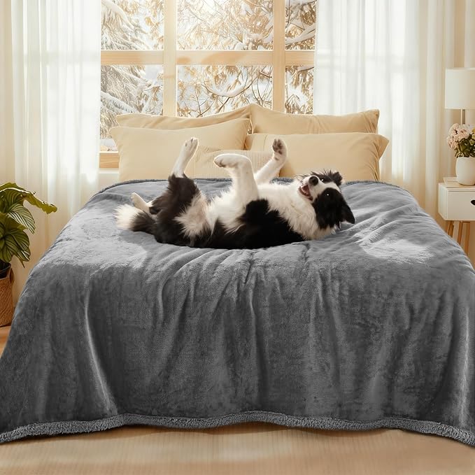 Luciphia Waterproof Bed Blanket Washable, Soft Sherpa Fleece Puppy Reversible Throw Blankets for Medium Large Dog Cat, Furniture Cover Protector Couch from Liquid Pee and Pet Fur, Light Grey,85" x 57"