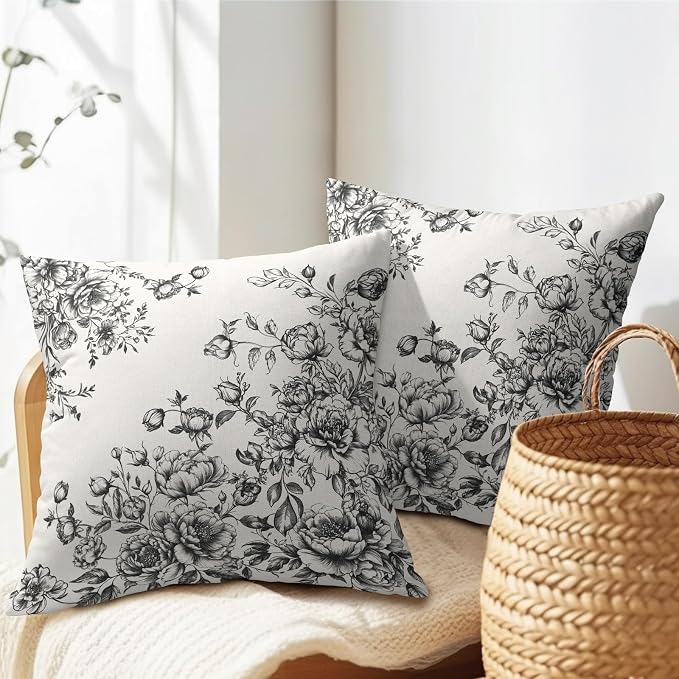 Kawani Vintage Floral Pillow Covers 18x18 Inch Set of 2 Victorian Bouquet Black Flowers Botanical Decorative Pillowcase Cotton Linen Square Cushion Case for Couch Sofa Bedroom Home Decor