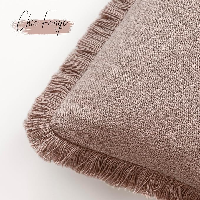 Foindtower Set of 2 Decorative Linen Fringe Lumbar Throw Pillow Covers Farmhouse Cushion Cover with Tassels Soft Accent Pillowcase for Couch Sofa Bed Living Room Home Decor,12×24 Inch,Dusty Pink