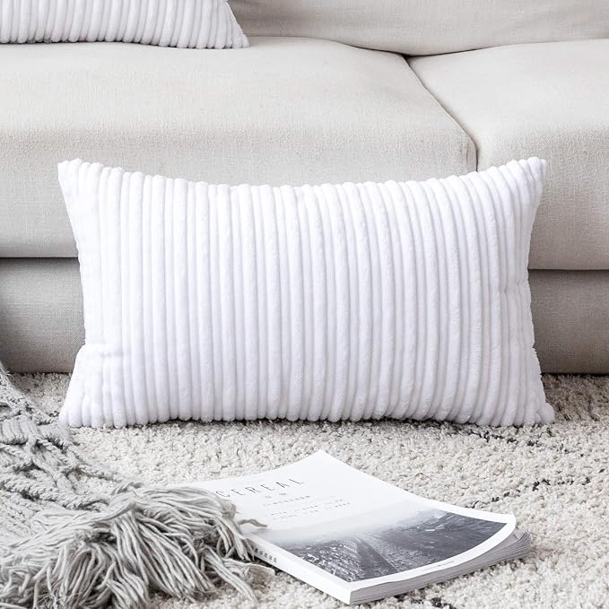 UGASA 14x20 Inch Pillow Cover Pack of 1 Soft Boho Stripe Corduroy Long Rectangular Lumbar Cushion Cover Farmhouse Decorative Throw Pillowcase for Bed, Couch, Sofa, Bedroom, Living Room, Pure White