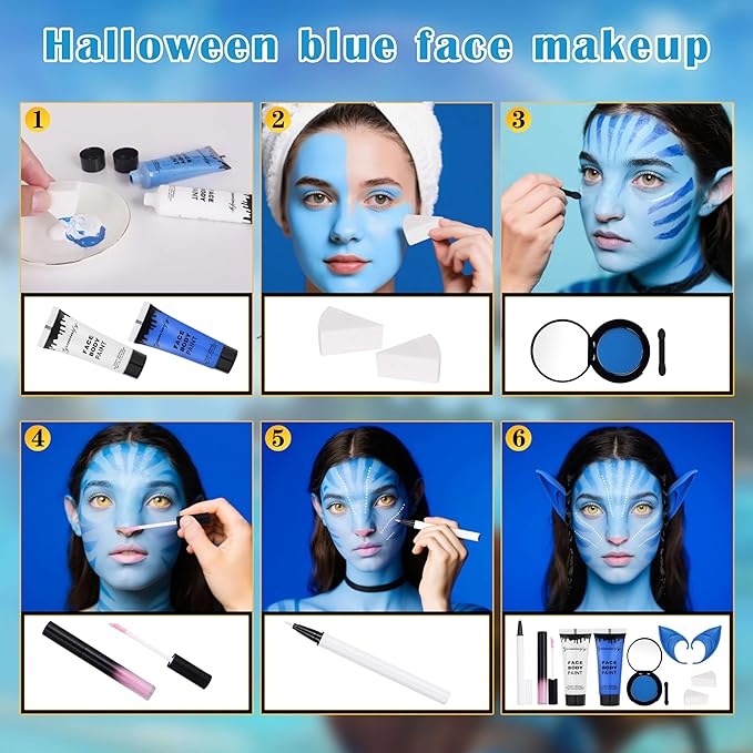 8pcs Avatar Makeup Kit,Navy Blue White Face Paint, Royal Blue Face Paint for Smurf Mystique Cosplay,Lip Gloss,White UV Eyeliner, Short Elf Ears,Single Eyeshadow,Halloween Body Paint Set with 2 Sponges