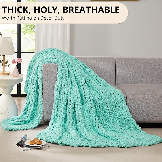 L'AGRATY Chunky Knit Throw Blanket for Couch, 60 x 80 Inches, Lake Blue | Handmade Chenille Crochet Blanket for Sofa Bed, Thick Cable Knitted Blankets for Room Home Decor, Birthday Gift for Women Mom