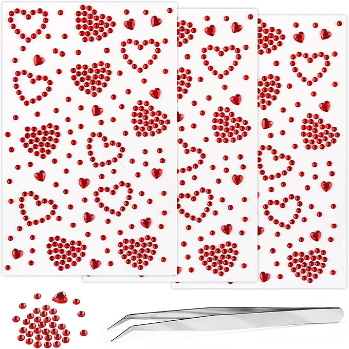 3 Sheers Self Adhesive Face Gems for Makeup Red Heart Rhinestone Sticker Face Jewels Stick on Hair Diamond Decals Rhinestones Makeup Stickers for Valentine's Day Crystal for Eye Body Nails Crafts