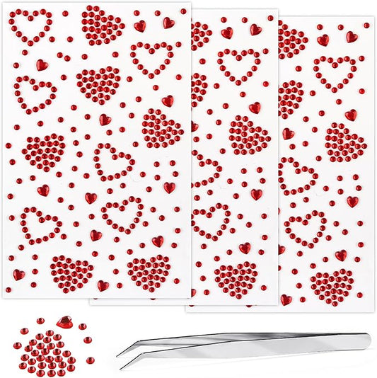 3 Sheers Self Adhesive Face Gems for Makeup Red Heart Rhinestone Sticker Face Jewels Stick on Hair Diamond Decals Rhinestones Makeup Stickers for Valentine's Day Crystal for Eye Body Nails Crafts
