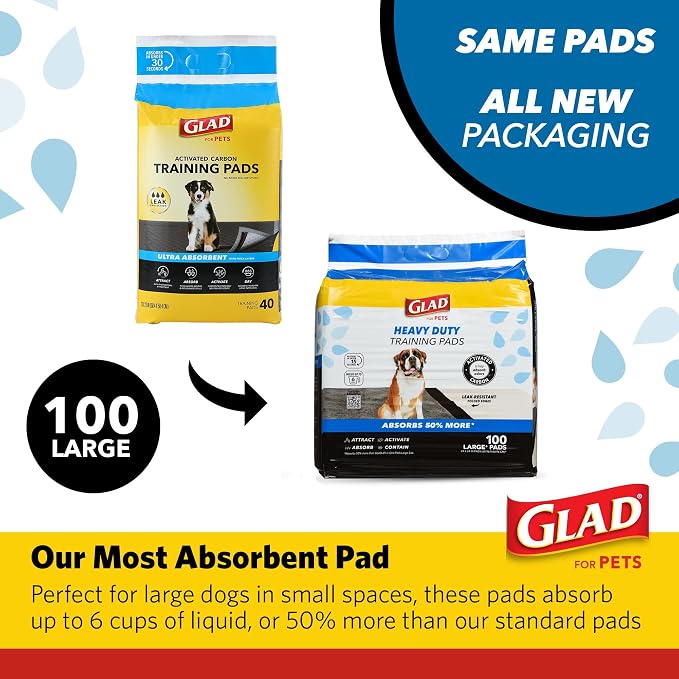 Glad for Pets XL Charcoal Training Pads, Heavy Duty, 24x24 in, 100 Count | Quick-dry quilted top and leak-resistant layers for indoor potty use and crate liners, 24 x 24 in