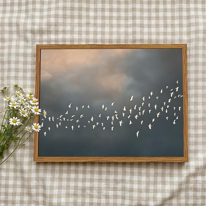Framed Vintage Flying Bird Canvas Wall Art, Minimalist Abstract Flock of White Birds Pictures Wall Decor, Rustic Nature Wildlife Paintings Prints for Living Room Bedroom Bathroom 12x16 inch